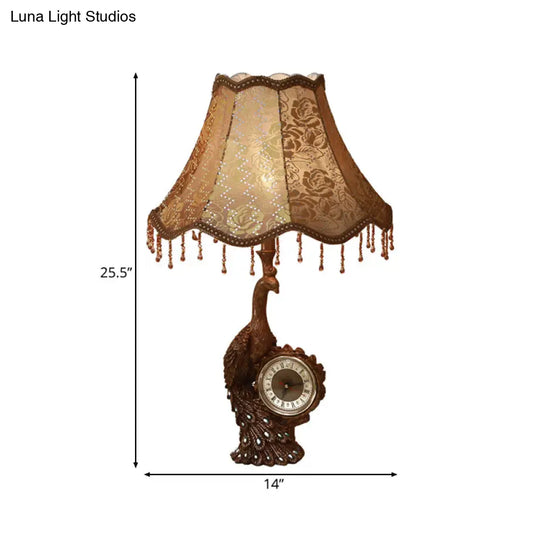 Rustic Bell Standing Desk Lamp With Peacock And Clock - Tan Table Light 1-Light Printing Fabric