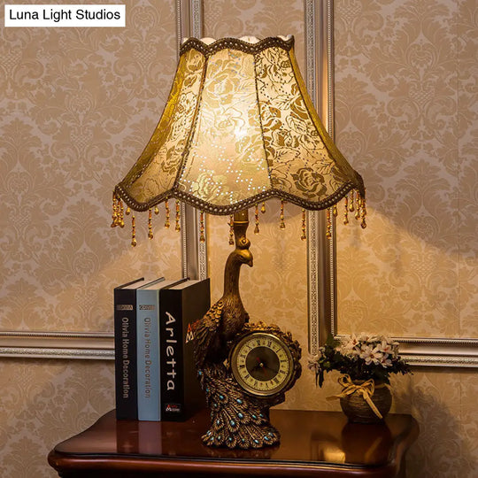 Rustic Bell Standing Desk Lamp With Peacock And Clock - Tan Table Light 1-Light Printing Fabric