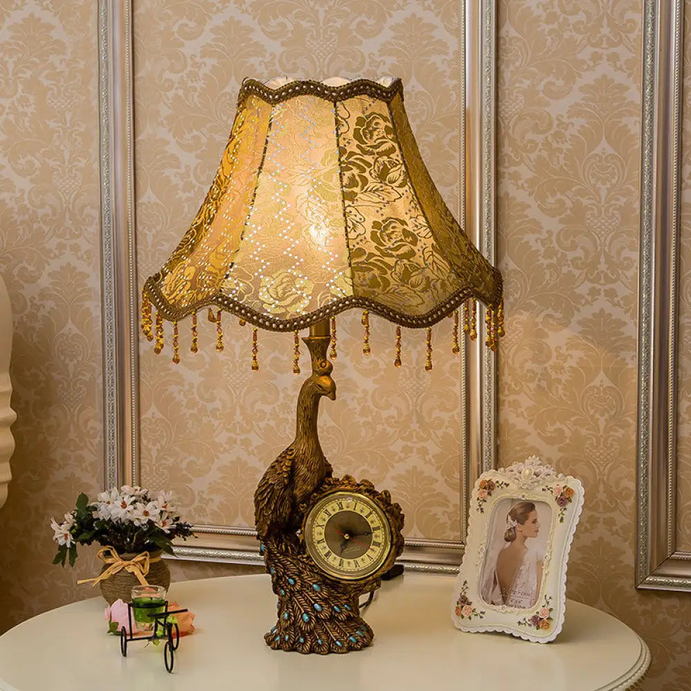 Rustic Bell Standing Desk Lamp With Peacock And Clock - Tan Table Light 1-Light Printing Fabric