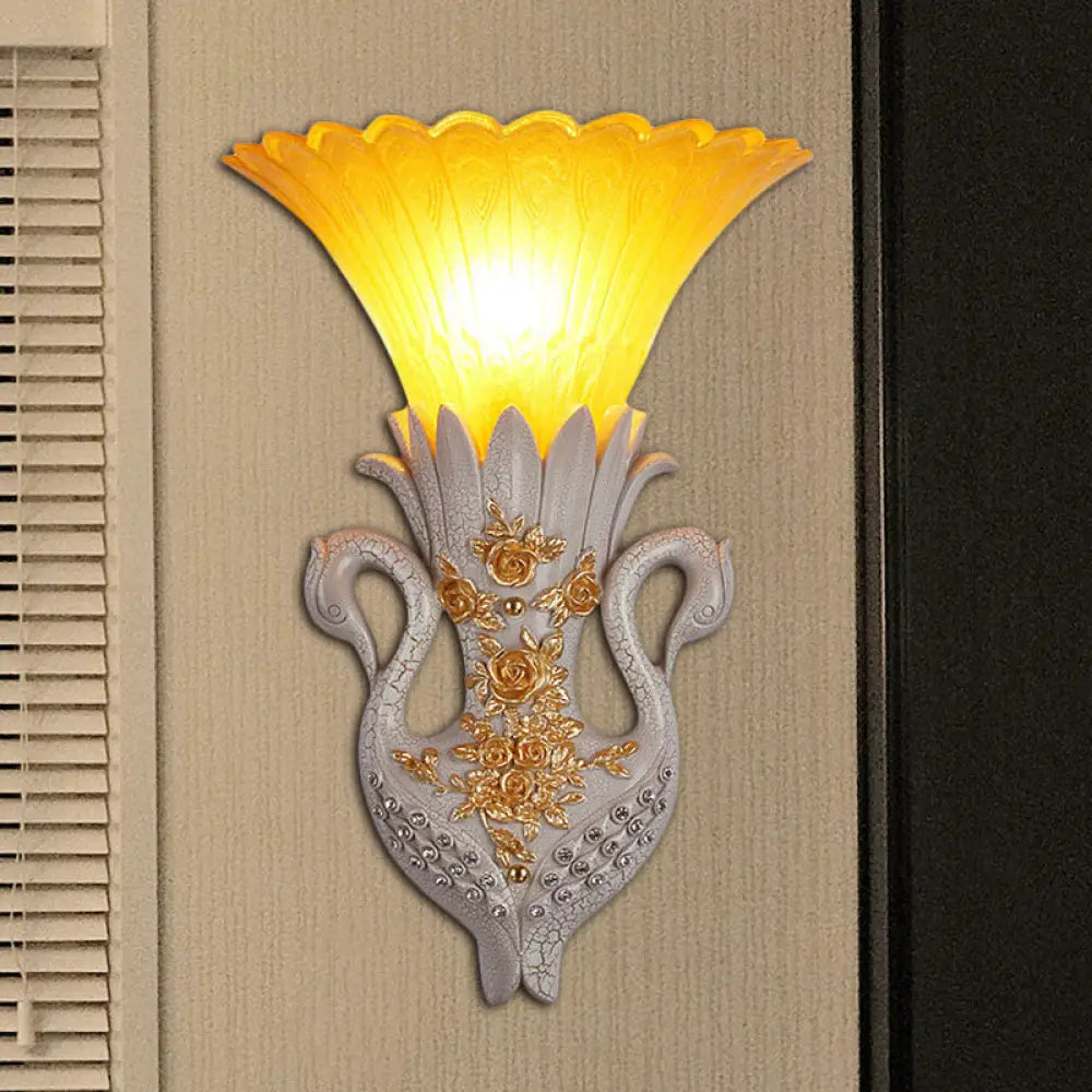 Rustic Bell Wall Mounted Light - Yellow Glass And Resin Lamp With Gold/White Swan Backplate White