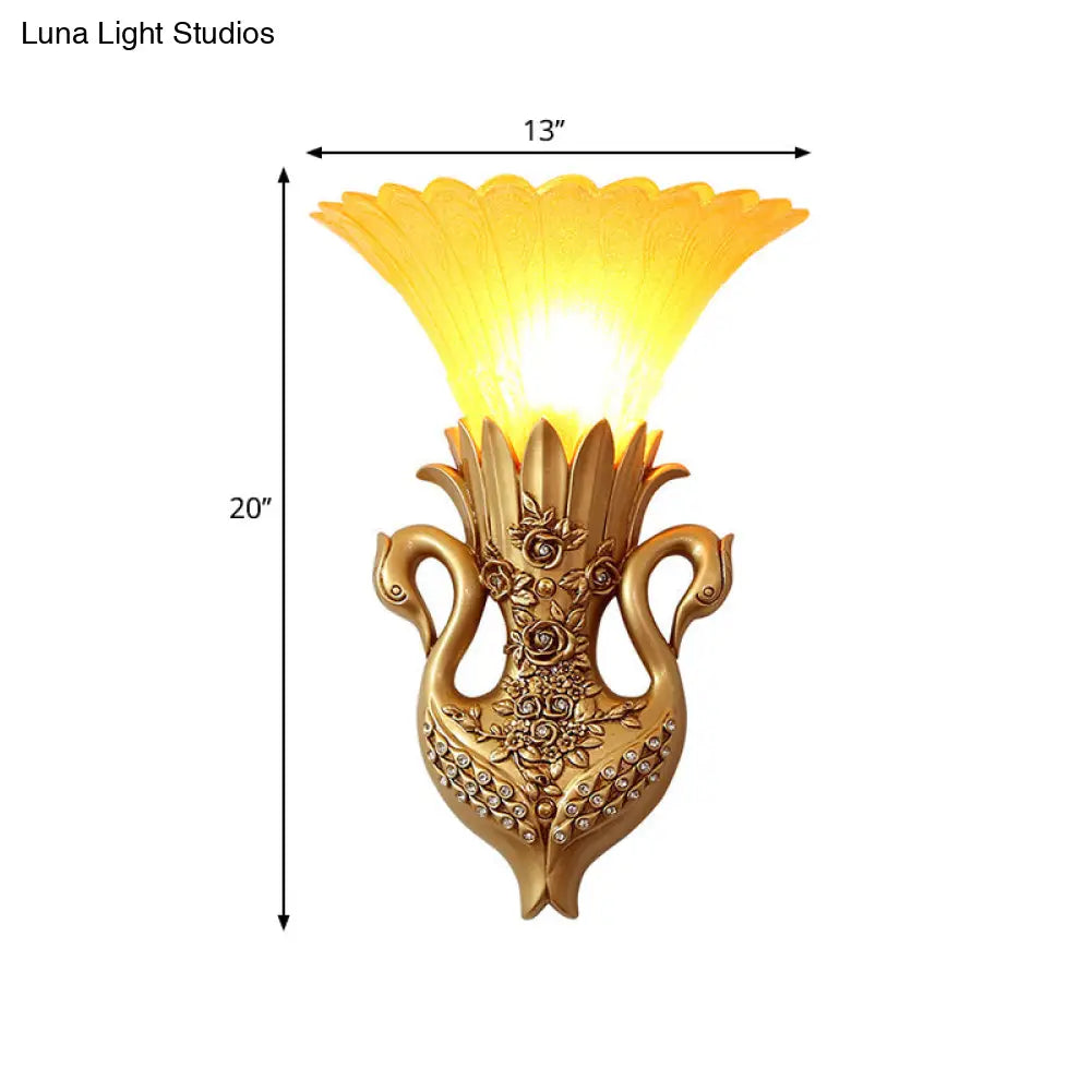 Rustic Bell Wall Mounted Light - Yellow Glass And Resin Lamp With Gold/White Swan Backplate