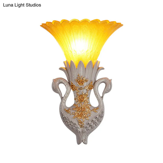 Rustic Bell Wall Mounted Light - Yellow Glass And Resin Lamp With Gold/White Swan Backplate