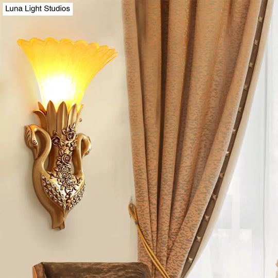 Rustic Bell Wall Mounted Light - Yellow Glass And Resin Lamp With Gold/White Swan Backplate