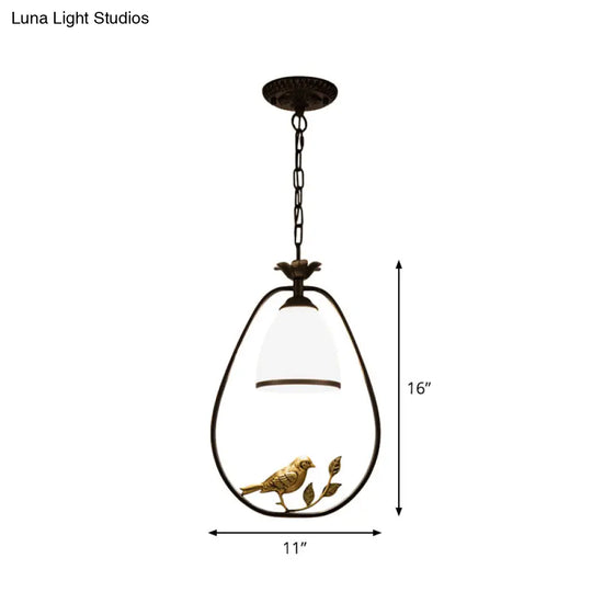 Rustic Bell White Glass Pendant Light With Bird Decoration 1-Bulb Metal Lamp In Black