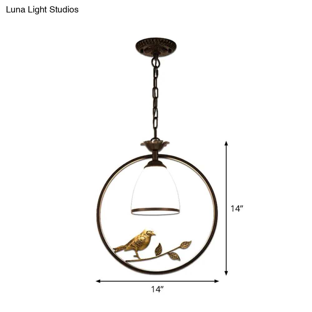 Rustic Bell White Glass Pendant Light With Bird Decoration 1-Bulb Metal Lamp In Black