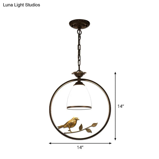 Rustic Bell White Glass Pendant Light With Bird Decoration 1-Bulb Metal Lamp In Black