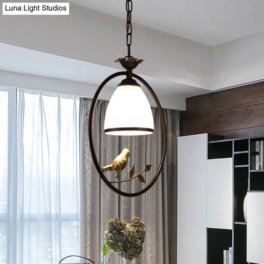 Rustic Bell White Glass Pendant Light With Bird Decoration 1-Bulb Metal Lamp In Black