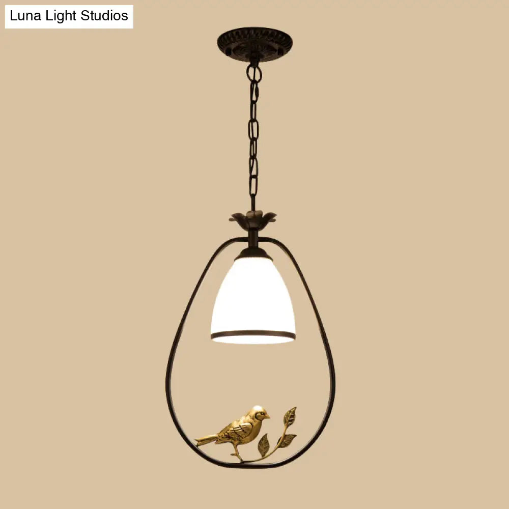 Rustic Bell White Glass Pendant Light With Bird Decoration 1-Bulb Metal Lamp In Black