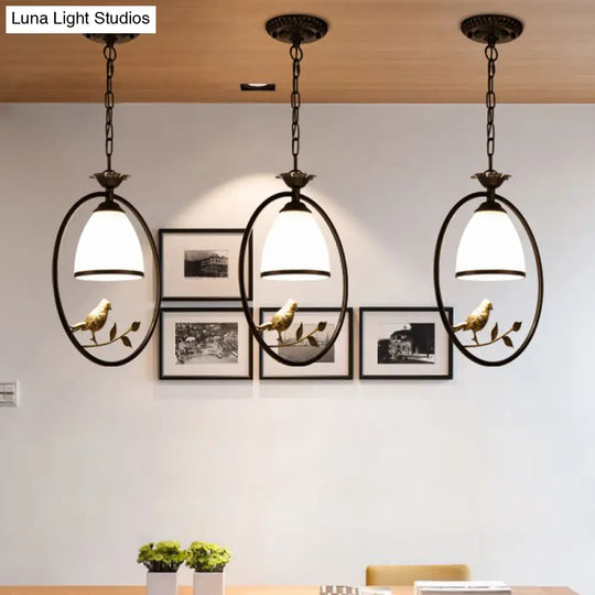 Rustic Bell White Glass Pendant Light With Bird Decoration 1-Bulb Metal Lamp In Black