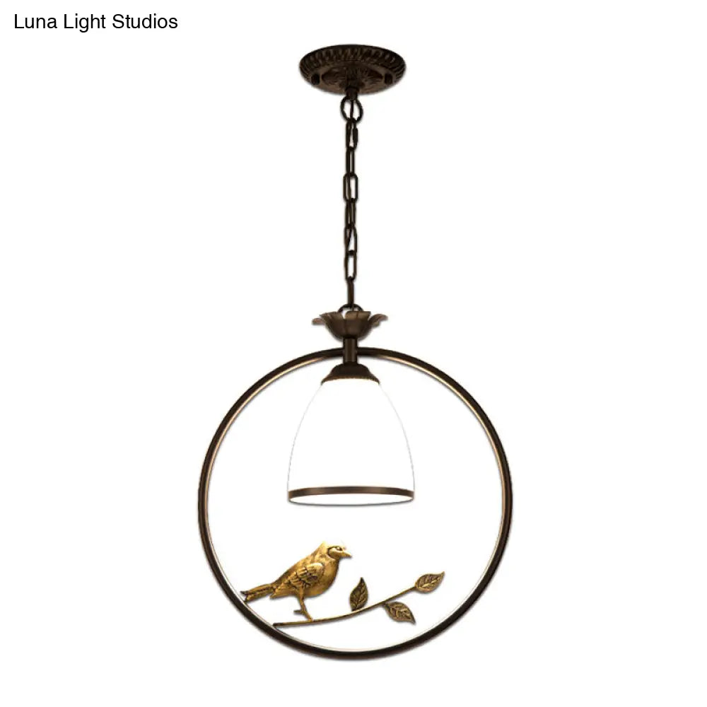 Rustic Bell White Glass Pendant Light With Bird Decoration 1-Bulb Metal Lamp In Black