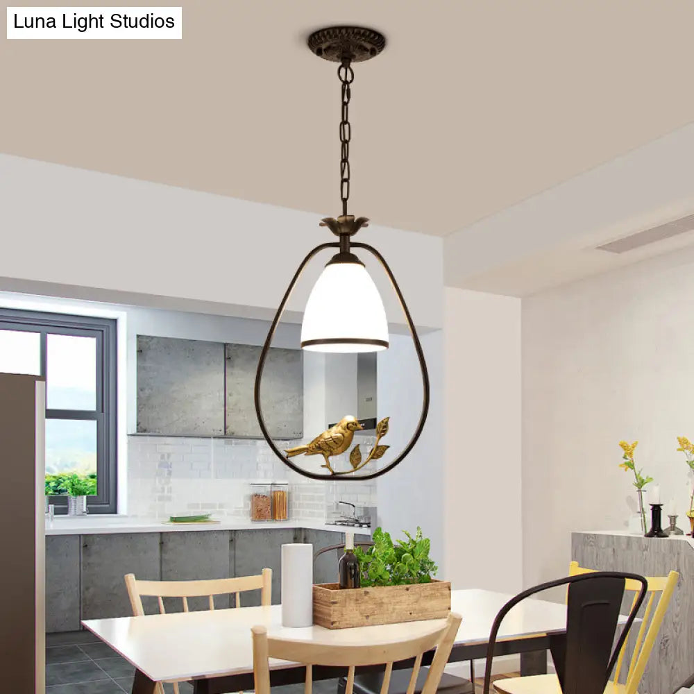 Rustic Bell White Glass Pendant Light With Bird Decoration 1-Bulb Metal Lamp In Black