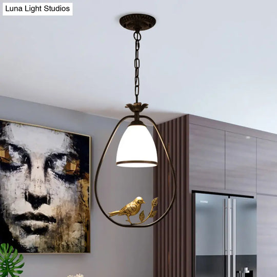 Rustic Bell White Glass Pendant Light With Bird Decoration 1-Bulb Metal Lamp In Black