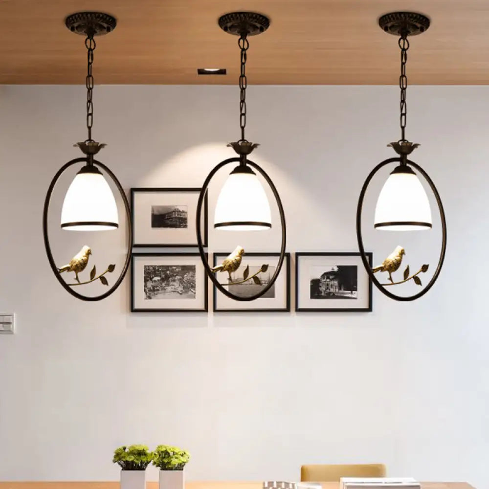 Rustic Bell White Glass Pendant Light With Bird Decoration 1-Bulb Metal Lamp In Black / Round