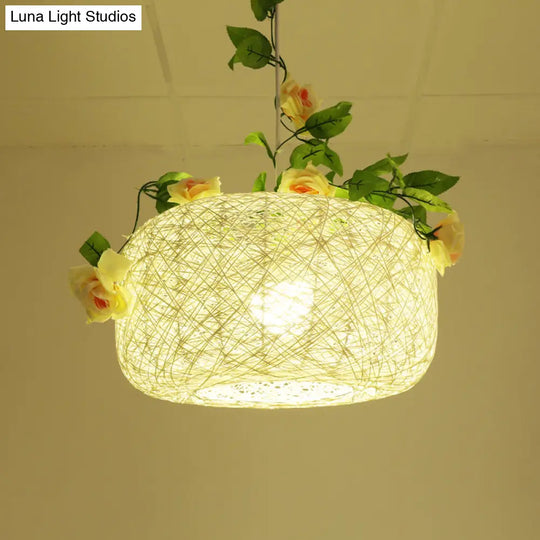 Rustic Bine Pendant Light: Single Light Drum/Scalloped Hanging Lamp In White