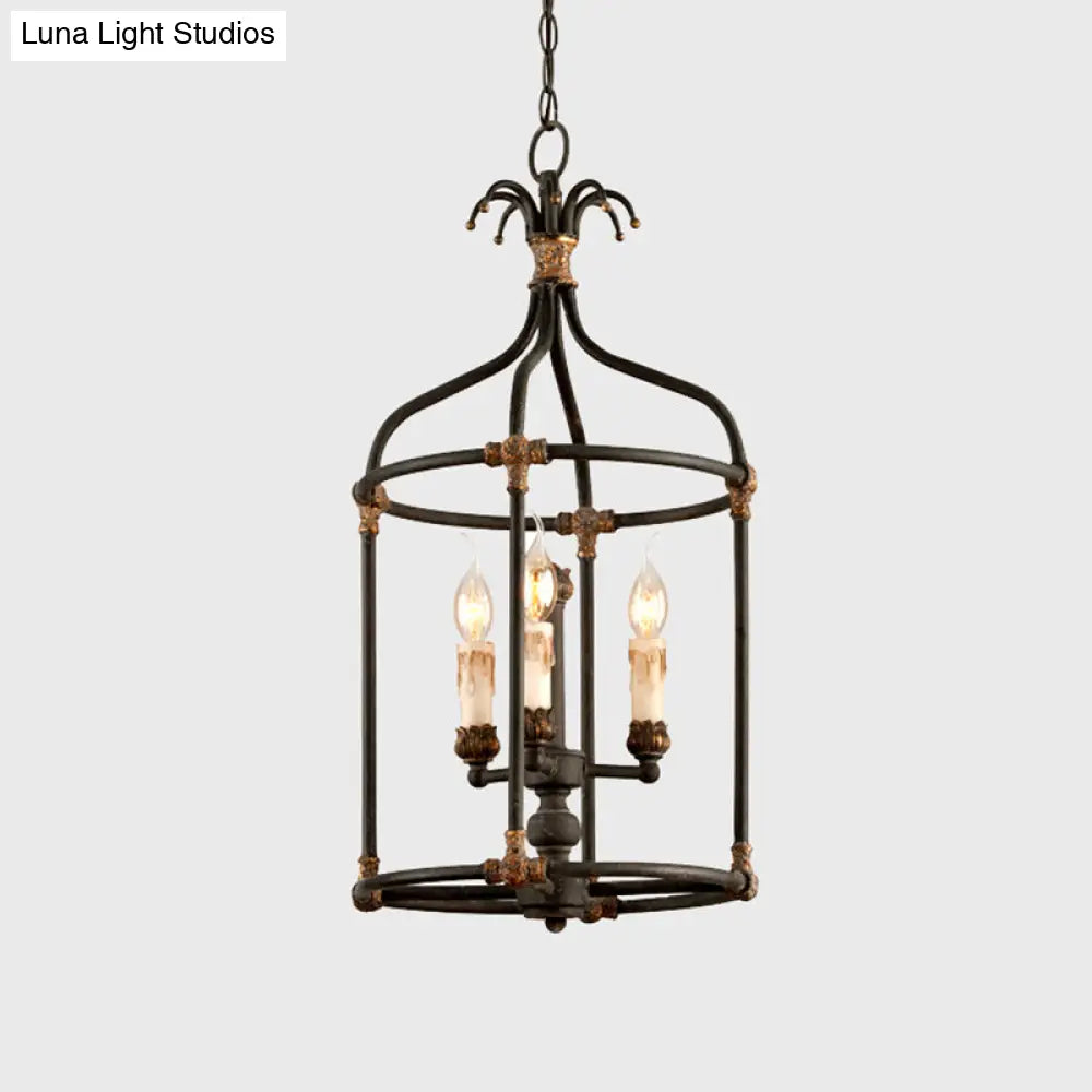 Rustic Birdcage Chandelier: Living Room Lighting Pendant Lamp | Metallic Black & Gold 3-Bulb