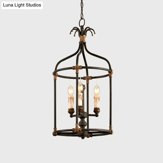 Rustic Birdcage Chandelier: Living Room Lighting Pendant Lamp | Metallic Black & Gold 3-Bulb