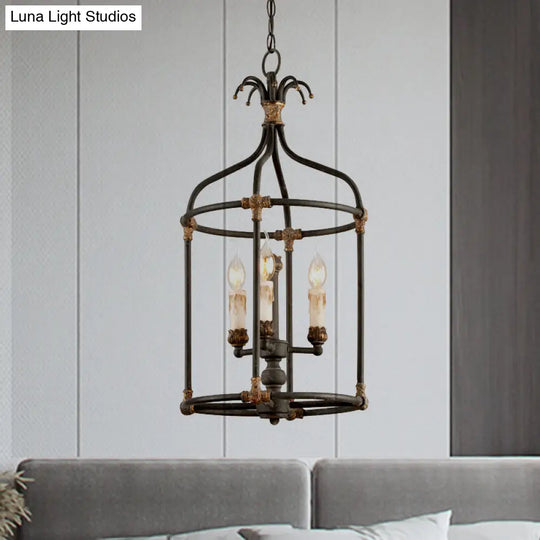 Rustic Birdcage Chandelier: Living Room Lighting Pendant Lamp | Metallic Black & Gold 3-Bulb