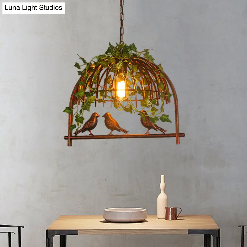 Rustic Birdcage Pendant Light With Plant Deco - 1 Metallic Suspension Lamp