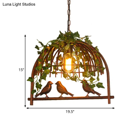 Rustic Birdcage Pendant Light With Plant Deco - 1 Metallic Suspension Lamp