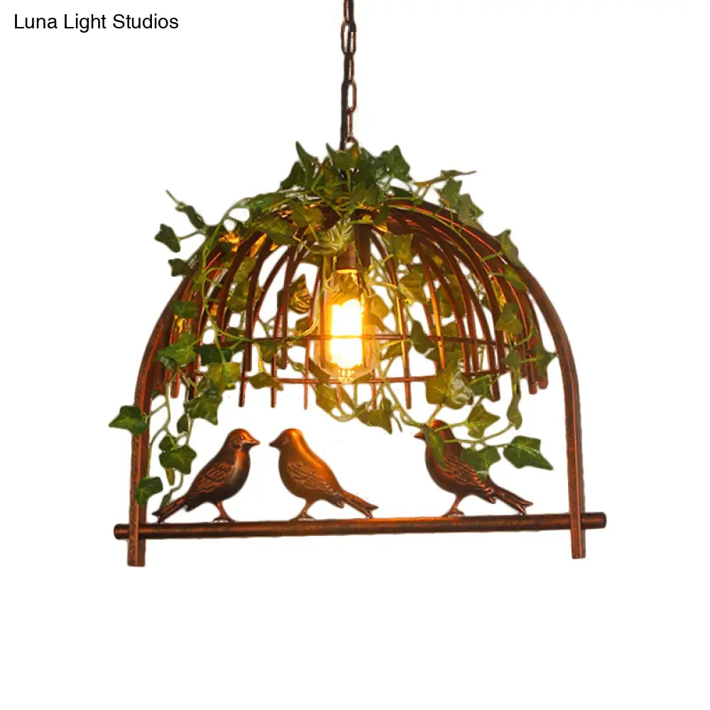 Rustic Birdcage Pendant Light With Plant Deco - 1 Metallic Suspension Lamp