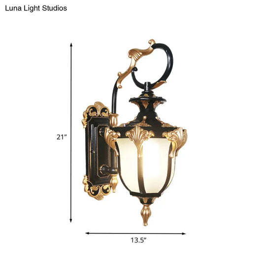 Rustic Black And Gold Urn-Shaped Sconce Wall Lamp With Frosted White Glass