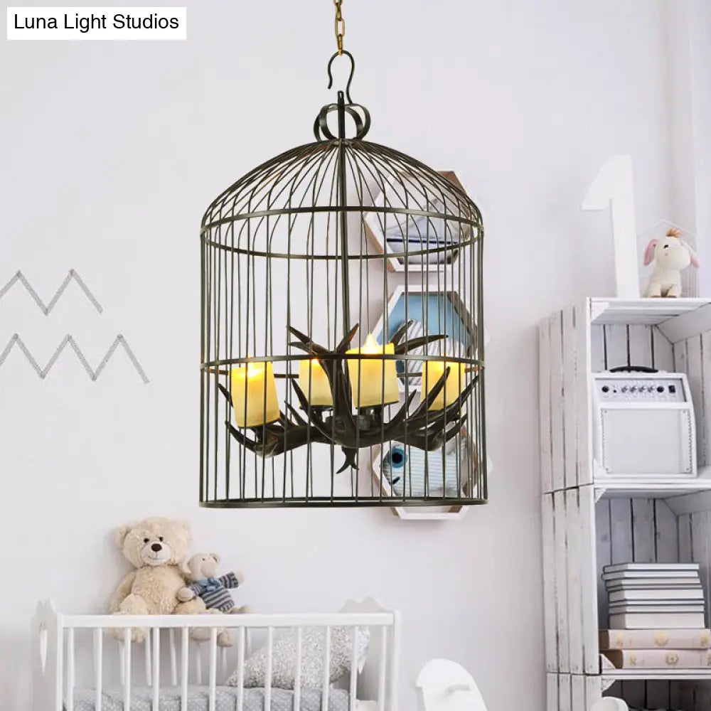 Rustic Black Birdcage Chandelier Lamp - 4 Lights Metal Pendant With Frosted Glass Shade