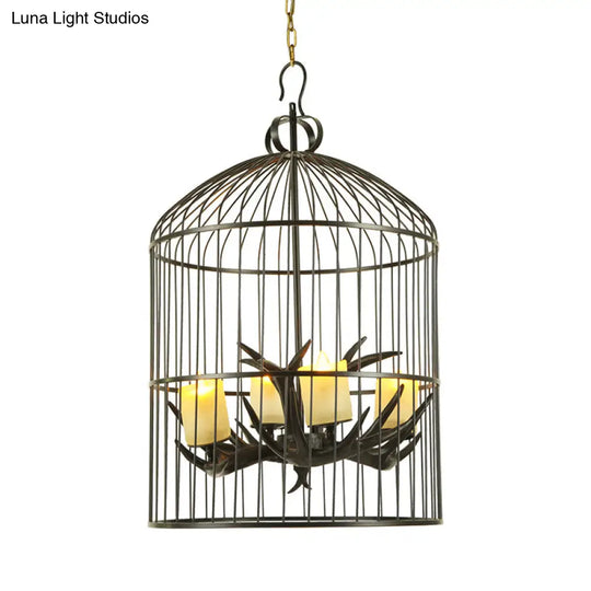 Rustic Black Birdcage Chandelier Lamp - 4 Lights Metal Pendant With Frosted Glass Shade