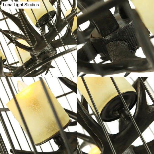 Rustic Black Birdcage Chandelier Lamp - 4 Lights Metal Pendant With Frosted Glass Shade