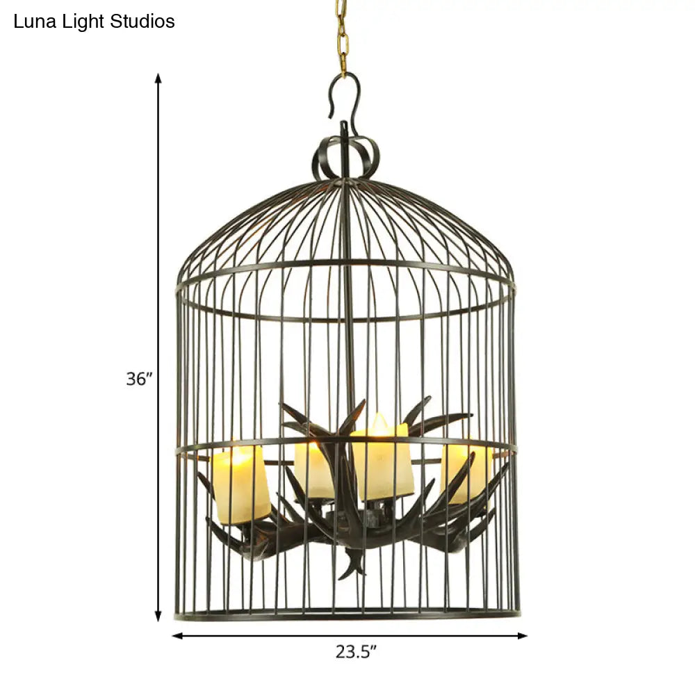 Rustic Black Birdcage Chandelier Lamp - 4 Lights Metal Pendant With Frosted Glass Shade