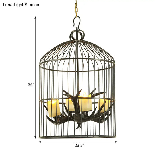 Rustic Black Birdcage Chandelier Lamp - 4 Lights Metal Pendant With Frosted Glass Shade