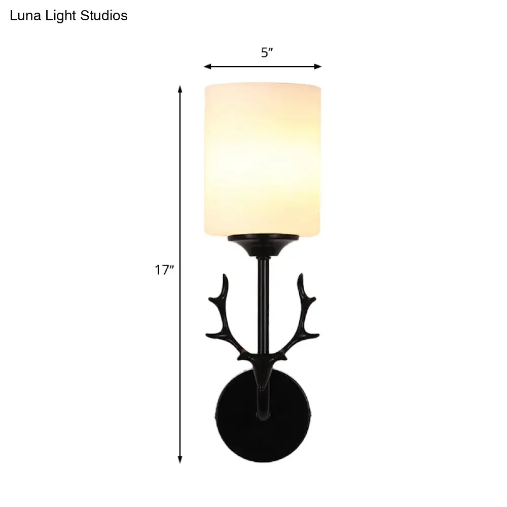 Rustic Black/Brass Wall Mounted Lamp With Rural White Glass Cylinder For Living Room