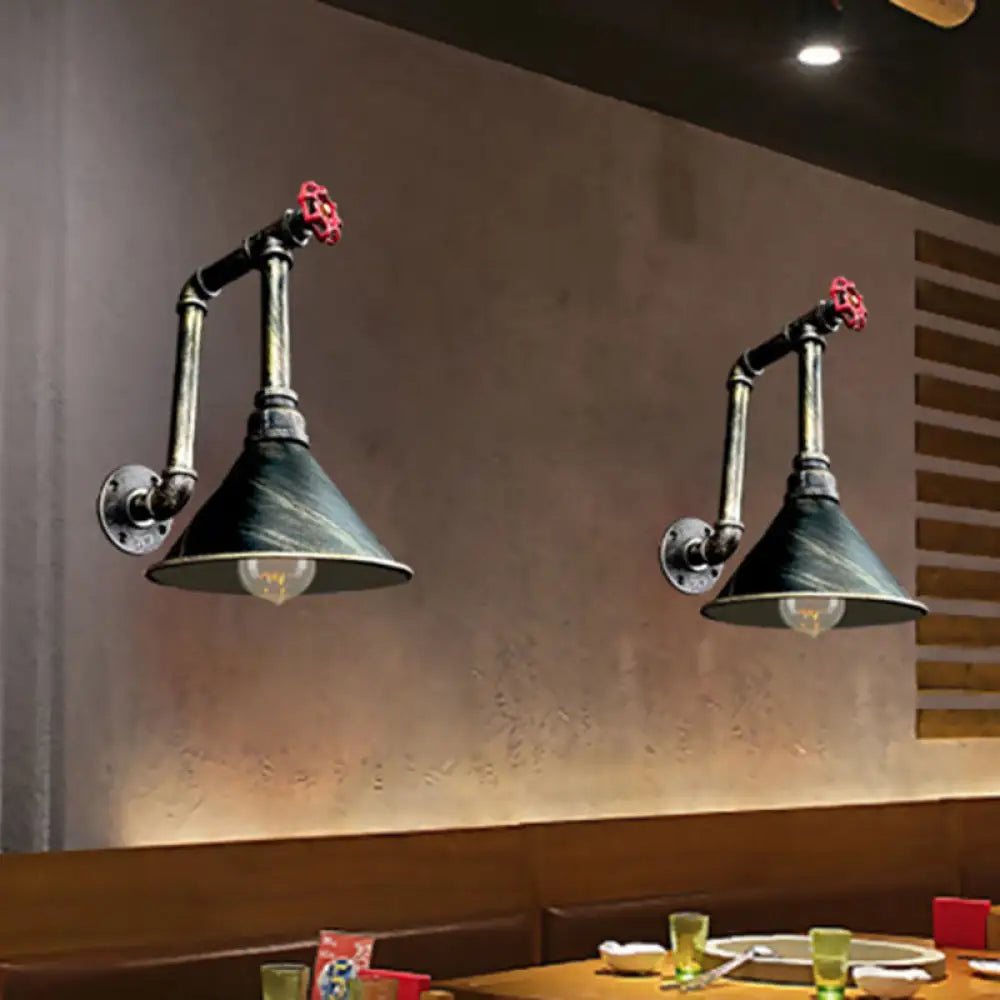 Rustic Black/Bronze Metal Wall Sconce With Cone Shade For Restaurants - 1 Light Pipe And Valve