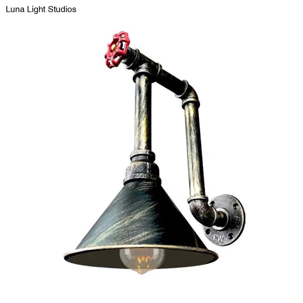 Rustic Black/Bronze Metal Wall Sconce With Cone Shade For Restaurants - 1 Light Pipe And Valve