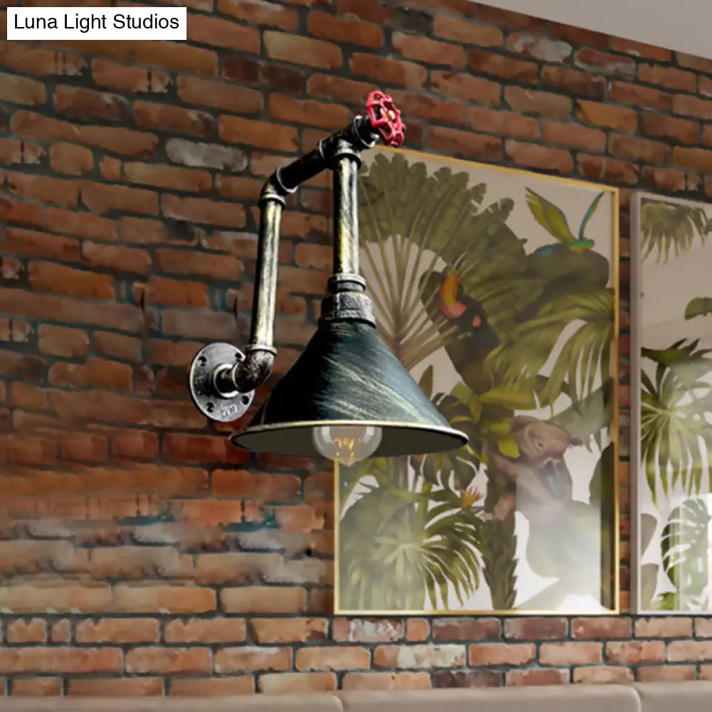 Rustic Black/Bronze Metal Wall Sconce With Cone Shade For Restaurants - 1 Light Pipe And Valve