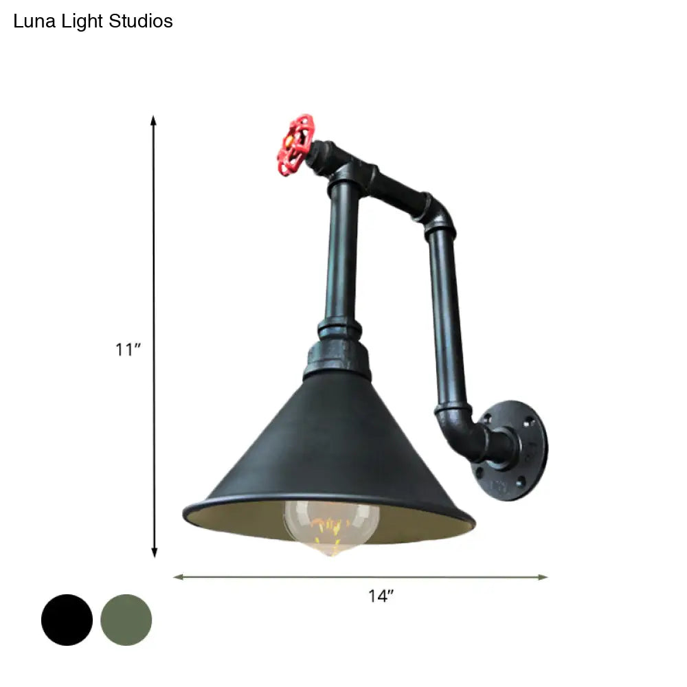 Rustic Black/Bronze Metal Wall Sconce With Cone Shade For Restaurants - 1 Light Pipe And Valve