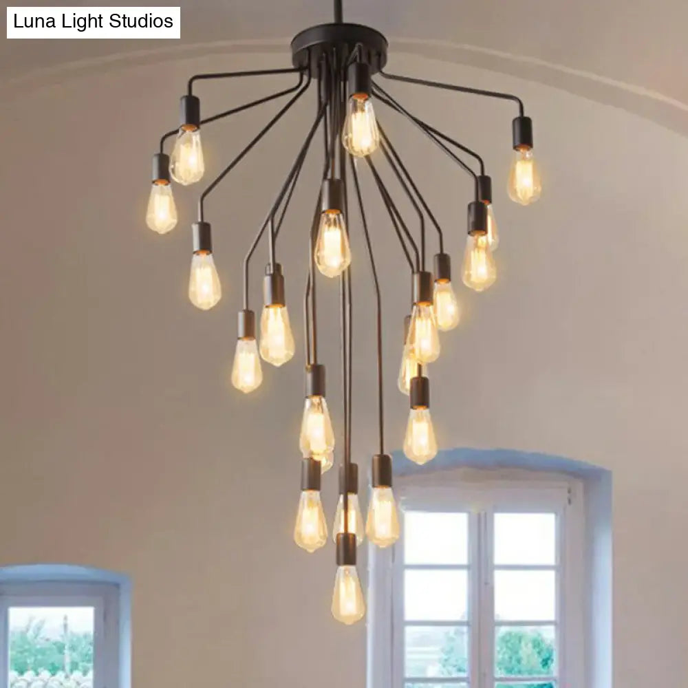 Rustic Black Metallic Cascade Chandelier With Exposed Bulb Design - Hanging Ceiling Light