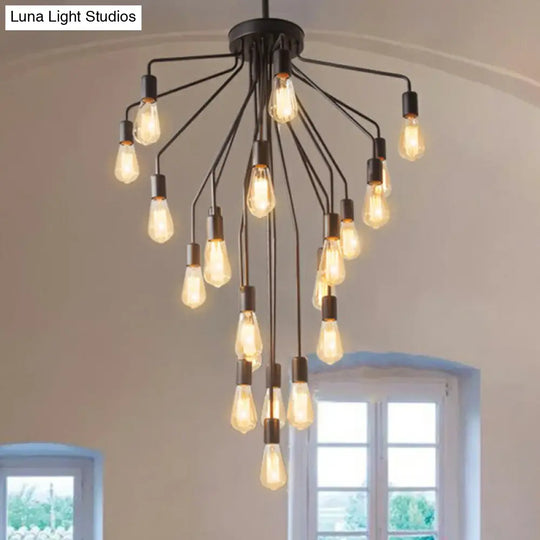 Rustic Black Metallic Cascade Chandelier With Exposed Bulb Design - Hanging Ceiling Light