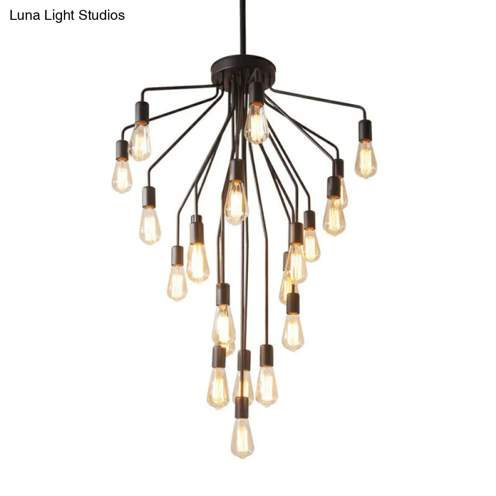 Rustic Black Metallic Cascade Chandelier With Exposed Bulb Design - Hanging Ceiling Light