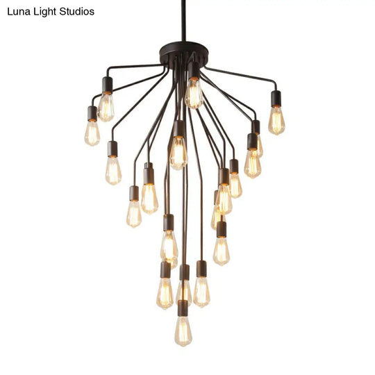 Rustic Black Metallic Cascade Chandelier With Exposed Bulb Design - Hanging Ceiling Light