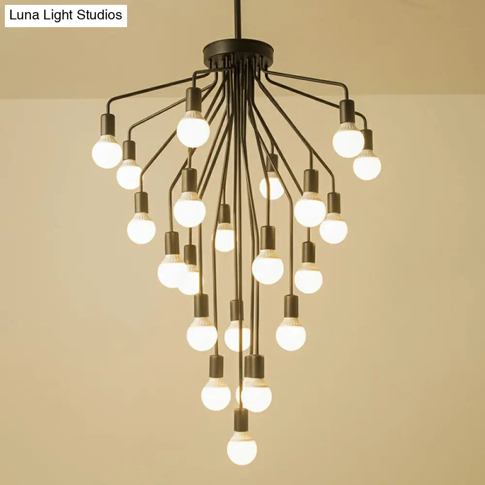 Rustic Black Metallic Cascade Chandelier With Exposed Bulb Design - Hanging Ceiling Light