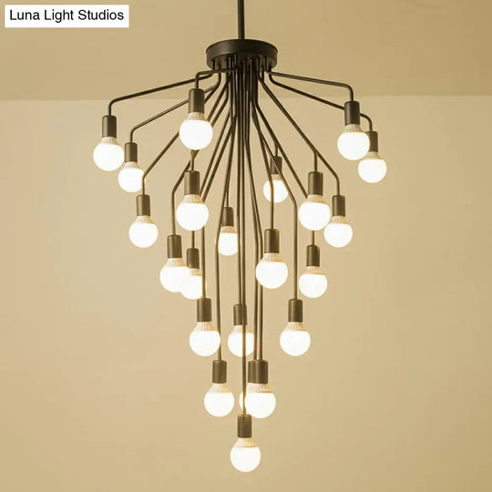 Rustic Black Metallic Cascade Chandelier With Exposed Bulb Design - Hanging Ceiling Light