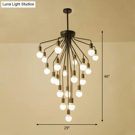 Rustic Black Metallic Cascade Chandelier With Exposed Bulb Design - Hanging Ceiling Light 22 /