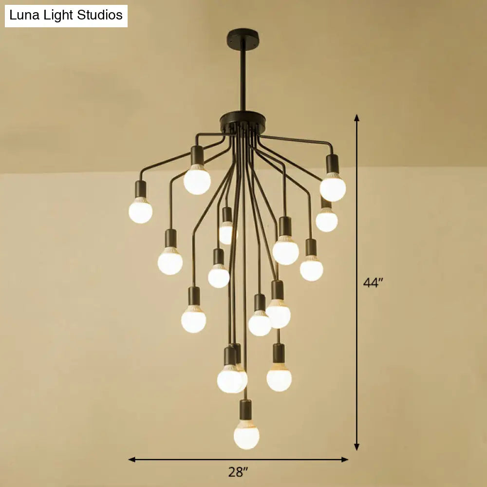 Rustic Black Metallic Cascade Chandelier With Exposed Bulb Design - Hanging Ceiling Light 16 /