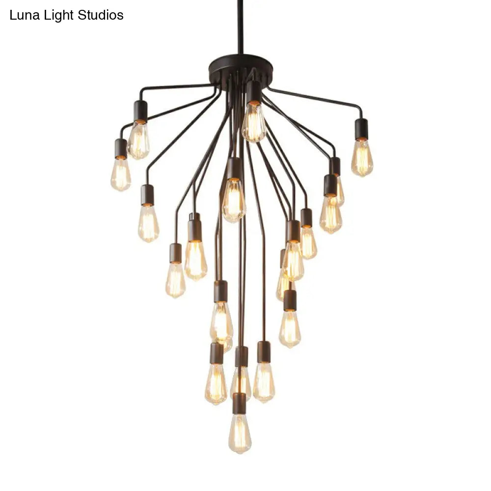 Rustic Black Cascade Chandelier With Exposed Bulb Design - Hanging Ceiling Light