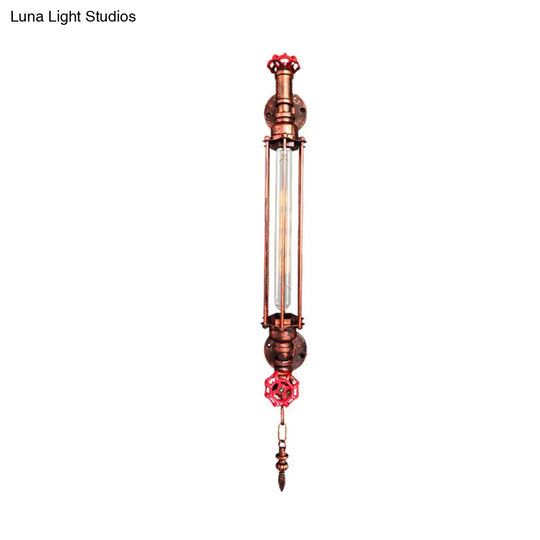 Rustic Black/Copper Tubular Sconce Wall Light With 2-Valve Deco And Chain