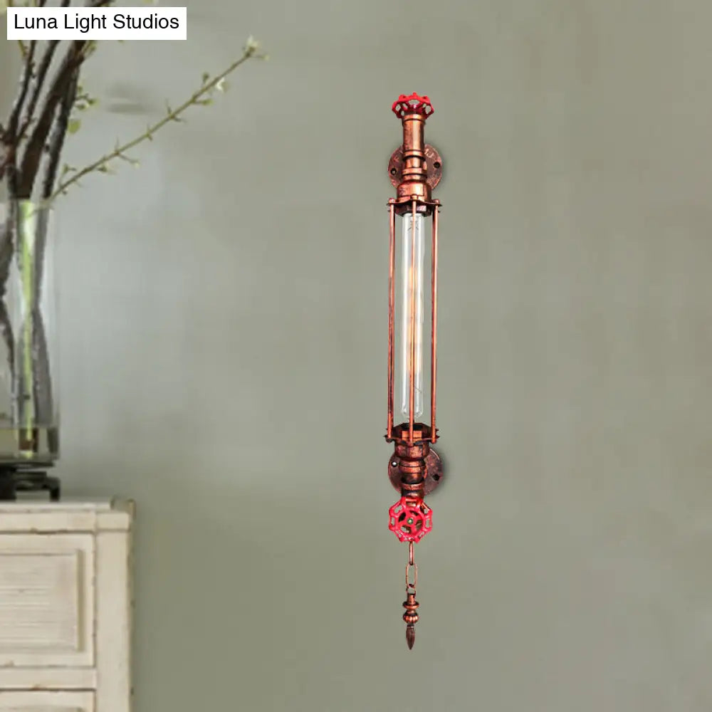 Rustic Black/Copper Tubular Sconce Wall Light With 2-Valve Deco And Chain