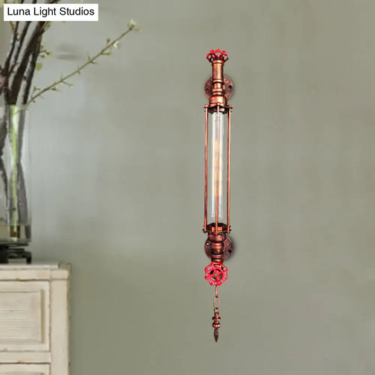 Rustic Black/Copper Tubular Sconce Wall Light With 2-Valve Deco And Chain