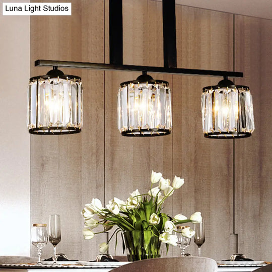 Rustic Black Cylindrical Island Pendant With 3 Lights & Prismatic Crystal Ideal For Tables