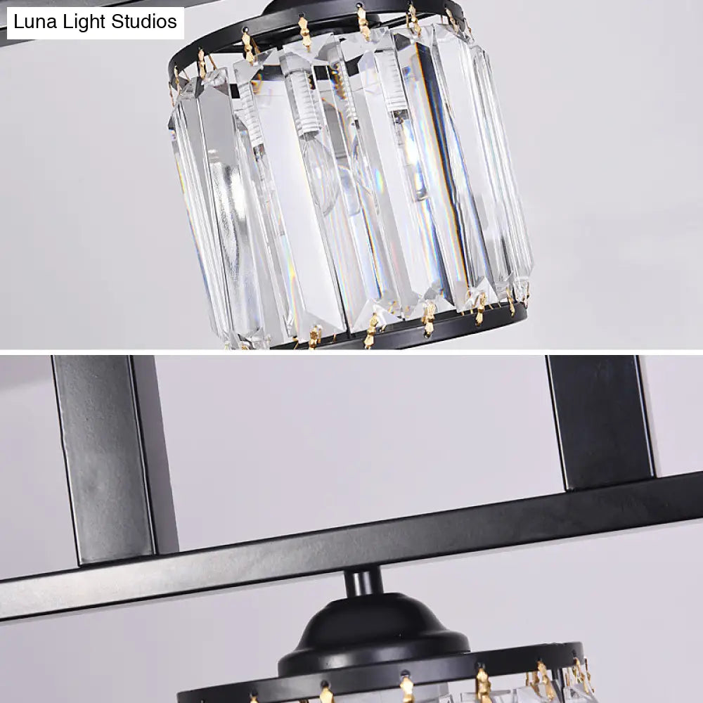 Rustic Black Cylindrical Island Pendant With 3 Lights & Prismatic Crystal Ideal For Tables