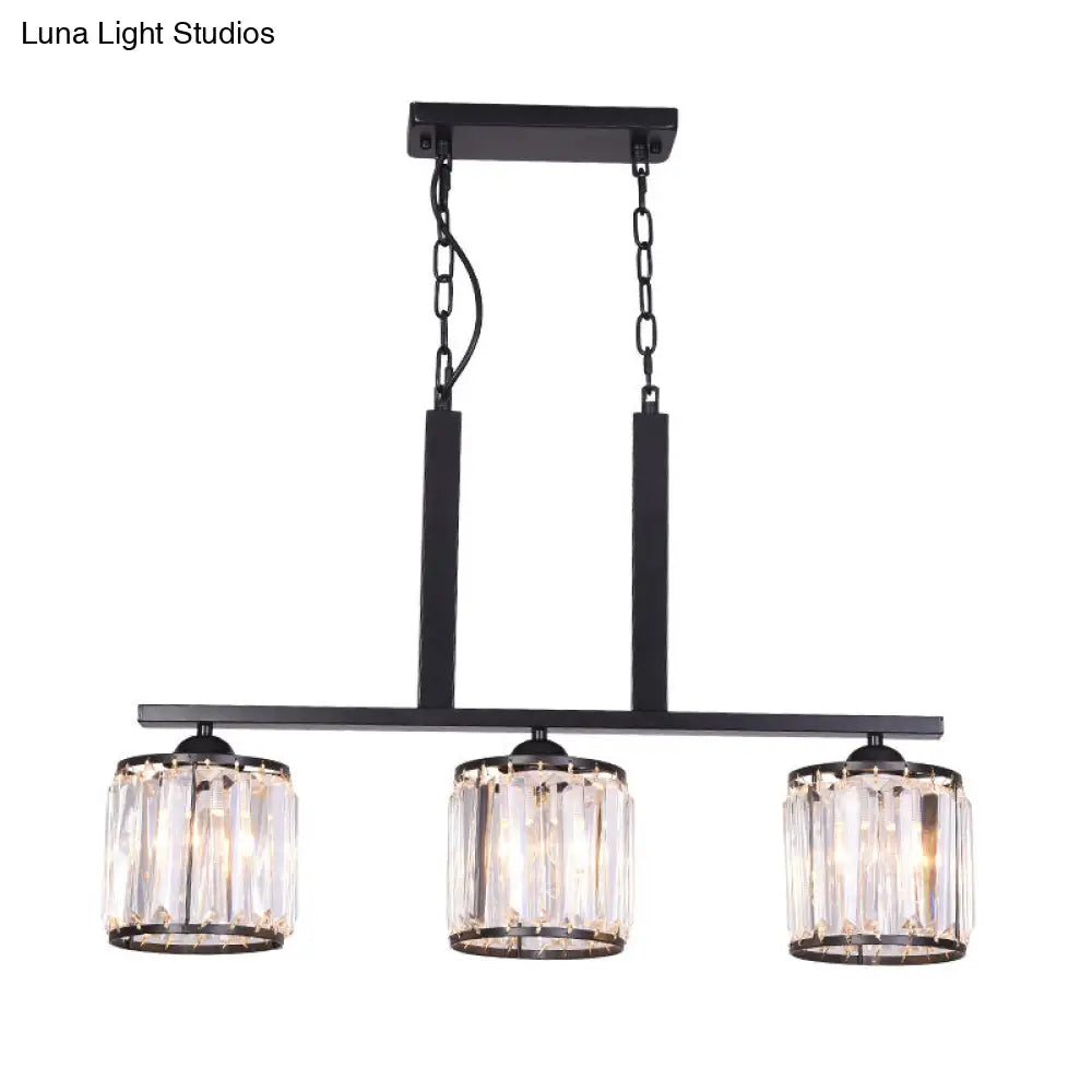 Rustic Black Cylindrical Island Pendant With 3 Lights & Prismatic Crystal Ideal For Tables